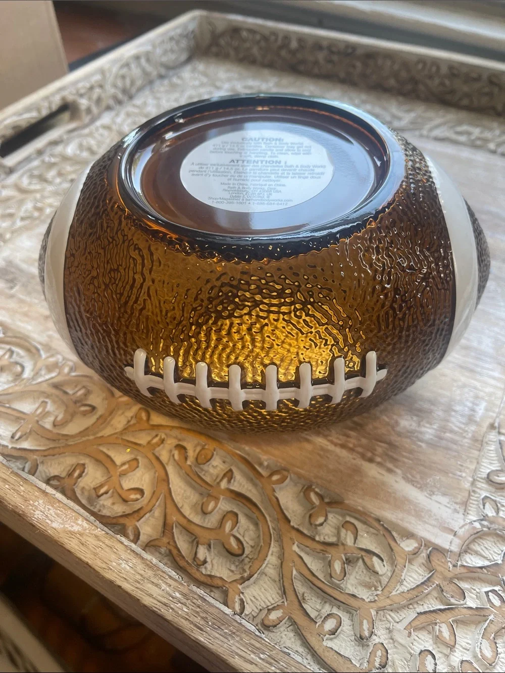 Bath & Body Works Amber Glass Football Candle Holder with White Lace Detail